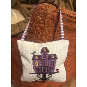 Completed Cross Stitch Doorknob Hanger Handmade - Haunted Halloween Birdhouse